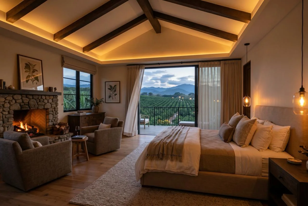 Bedroom with timber ceiling and warm indirect light