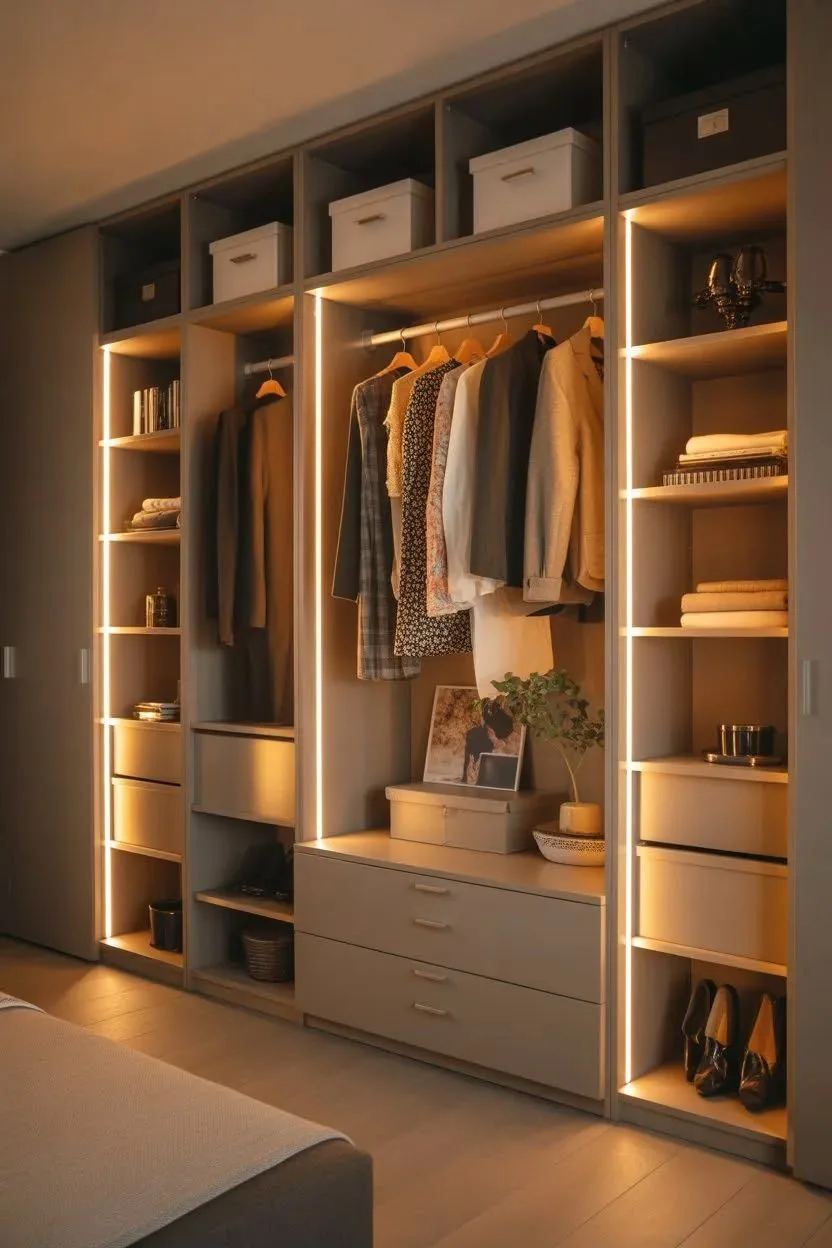 Walk-in closet with warm fitted joinery