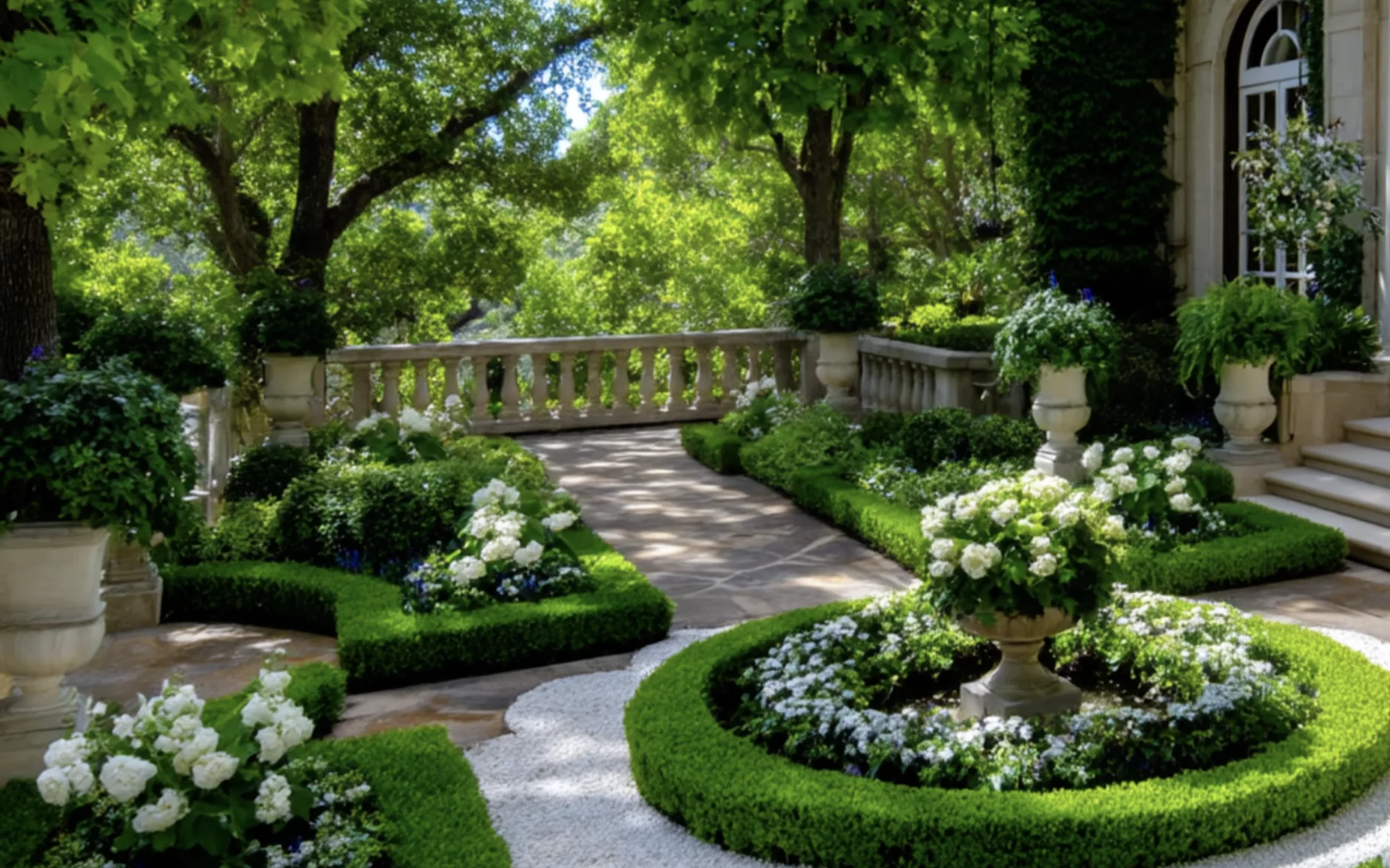 Formal green garden with stone paths