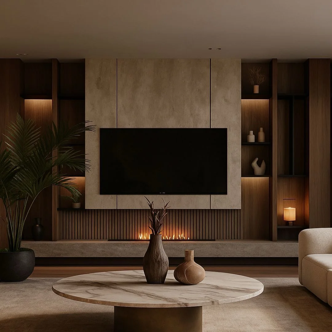Great room with warm stone and estate-facing glass