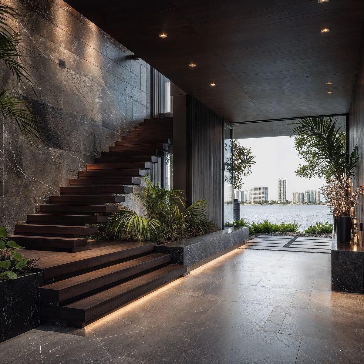 Floating staircase against a dark stone wall